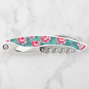 Tire-bouchon Jolies roses roses et motif à pois sur sarcelle