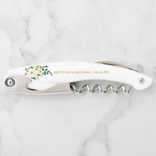 Tire-bouchon Mariage d'or floral blanc vert Watercolor