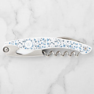 Tire-bouchon Mariage floral bleu monogramme