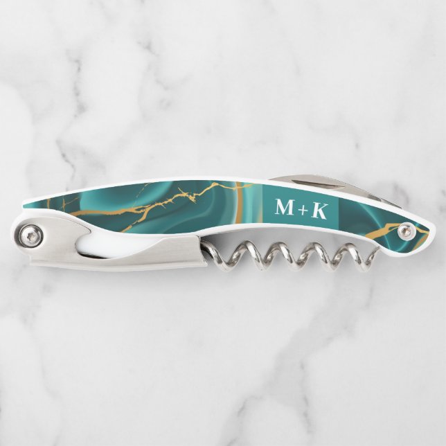 Tire-bouchon Mariage Monogramme Green Gold Agate Géode (Devant)