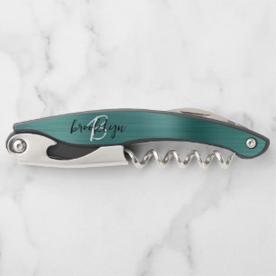 Tire-bouchon Monogramme de script en métal brossé faux sarcelle