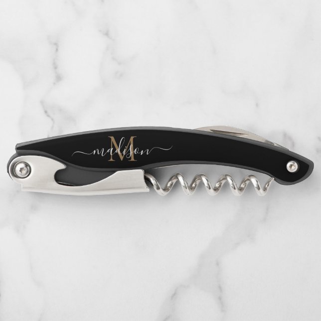 Tire-bouchon Monogramme moderne Black Gold Elegant Nom de scrip (Devant)