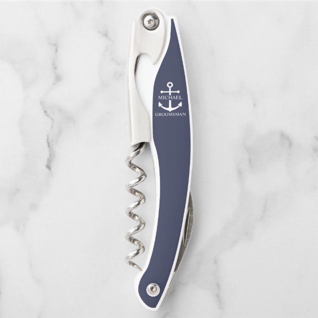 Tire-bouchon Nautical Navy Blue Anchor Personalized Groomsmen (Devant)