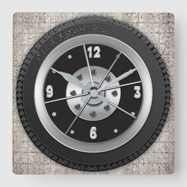 Tire Clock - Square Background -Brown Faux Texture (Front)