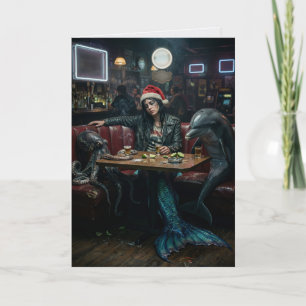Tired Mermaid Santa Squid Dolphin Bar Christmas Card