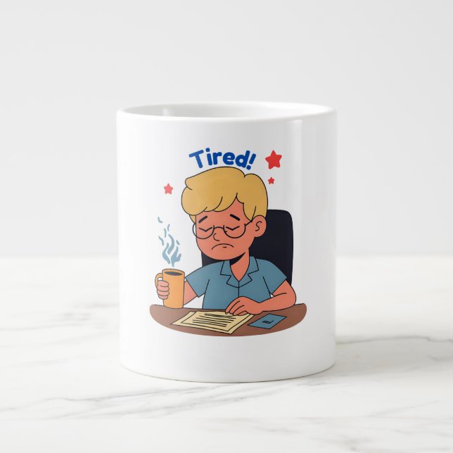 Tired Office Worker Cartoon – Funny Coffee & Work  Large Coffee Mug (Front)