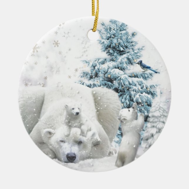Tired Polar Bear Mother With Babies Ceramic Ornament (Front)