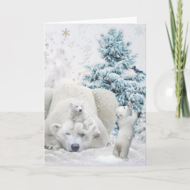 Tired Polar Bear Mother With Babies Holiday Card (Front)