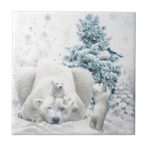 Tired Polar Bear Mother With Babies Tile