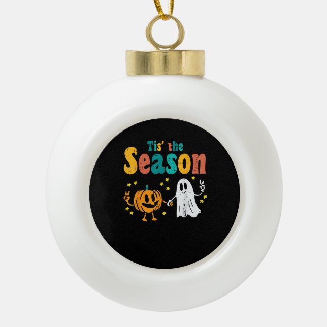 Tis Season Pumpkin Leaf Latte Fall Softball Ceramic Ball Christmas Ornament (Front)