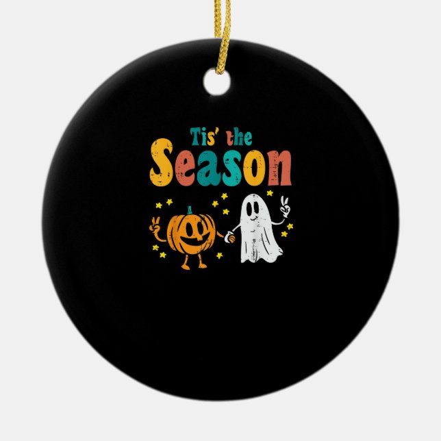 Tis Season Pumpkin Leaf Latte Fall Softball Ceramic Ornament (Front)