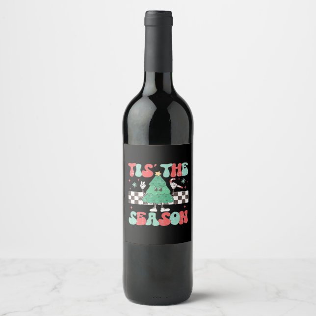 Tis Season Retro Womans Holiday Wine Label (Front)