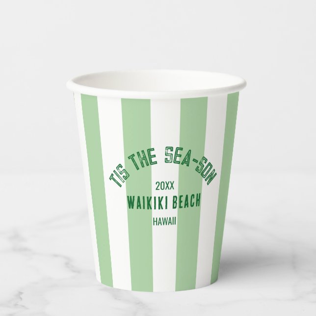 Tis The Sea Son Custom Beach Christmas Gree Stripe Paper Cups (Front)