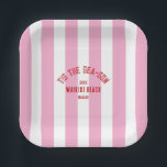 Tis The Sea Son Custom Beach Christmas Pink Stripe Paper Plate<br><div class="desc">The ’Tis The Sea-Son Custom Beach Christmas Pink Stripe Paper Plates add festive flair and seaside charm to your holiday celebrations. Featuring a playful pink cabana stripe design with customizable beach name and year, these durable paper plates are perfect for serving meals, appetizers, or desserts. Convenient and disposable yet stylish...</div>