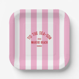 Tis The Sea Son Custom Beach Christmas Pink Stripe Paper Plate