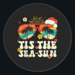 Tis The Sea Sun Santa Groovy Christmas In July Sum Classic Round Sticker<br><div class="desc">Tis The Sea Sun Santa Groovy Christmas In July Summer</div>