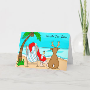 Tis the Sea-Sun Santa on Beach with Reindeer Holiday Card