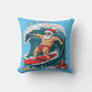 Tis The Sea-Sun - Surfing Santa Throw Pillow