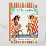 'Tis The Sea-sun Tropical Beach Summer Christmas Foil Holiday Card<br><div class="desc">'Tis The Sea-sun Tropical Beach Summer Christmas Cards Foil Holiday Cards features your favourite photo surrounded by a fun beach themed frame of flip flops, palm leaves and flowers with a slightly retro vintage vibe with real foil accents. Personalize the fun modern hand lettered script typography by editing the text...</div>