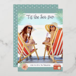 'Tis The Sea-sun Tropical Beach Summer Christmas Foil Holiday Card<br><div class="desc">'Tis The Sea-sun Tropical Beach Summer Christmas Cards Foil Holiday Cards features your favourite photo surrounded by a fun beach themed frame of flip flops, palm leaves and flowers with a slightly retro vintage vibe with real foil accents. Personalize the fun modern hand lettered script typography by editing the text...</div>