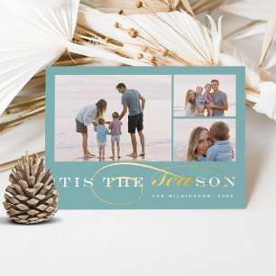 Tis the Season 3 Photo Nautical Christmas Foil Holiday Card