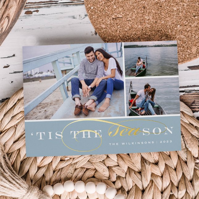 Tis the Season | 3 Photo Nautical Christmas Foil Holiday Card (Creator Uploaded)