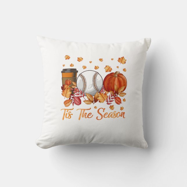 Tis The Season Baseball Pumpkin Autumn Fall Thanks Throw Pillow (Front)