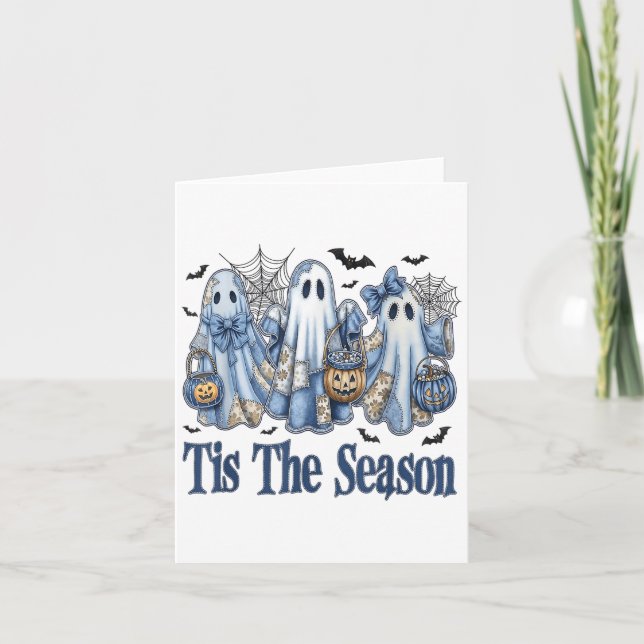 Tis The Season Blue Patchwork Ghost Pumpkin Spooky Card (Front)
