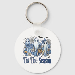 Tis The Season Blue Patchwork Ghost Pumpkin Spooky Keychain