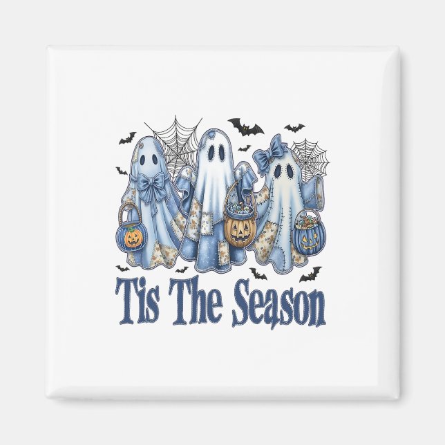 Tis The Season Blue Patchwork Ghost Pumpkin Spooky Magnet (Front)