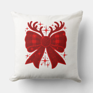 'Tis The Season Christmas Bow Plaid Pattern Red Throw Pillow