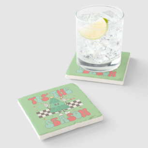 Tis' The Season Christmas Tree Groovy Retro Xmas Stone Coaster
