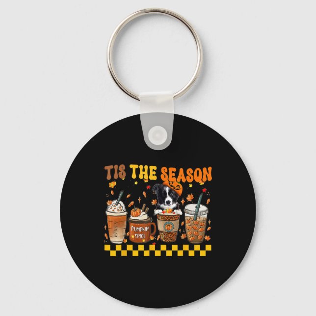 Tis' The Season Coffee Pumpkin Border Collie Hallo Keychain (Front)