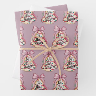 Tis The Season Coquette Bow Girly Pink Xmas Pie Wrapping Paper Sheet