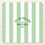 Tis The SeaSon Custom Beach Christmas Green Stripe Paper Coaster<br><div class="desc">The ’Tis The Sea-Son Custom Beach Christmas Green Stripe Paper Coaster brings a fun and festive touch to holiday gatherings by the shore. Featuring a cabana green stripe design with customizable beach name and year, these durable paper coasters protect surfaces while adding a personalized holiday accent. Perfect for Christmas on...</div>
