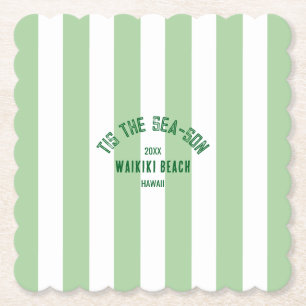 Tis The SeaSon Custom Beach Christmas Green Stripe Paper Coaster