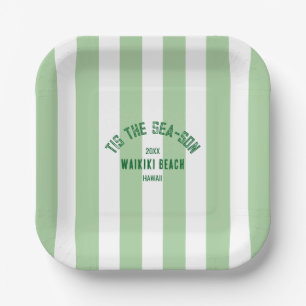 Tis The SeaSon Custom Beach Christmas Green Stripe Paper Plate