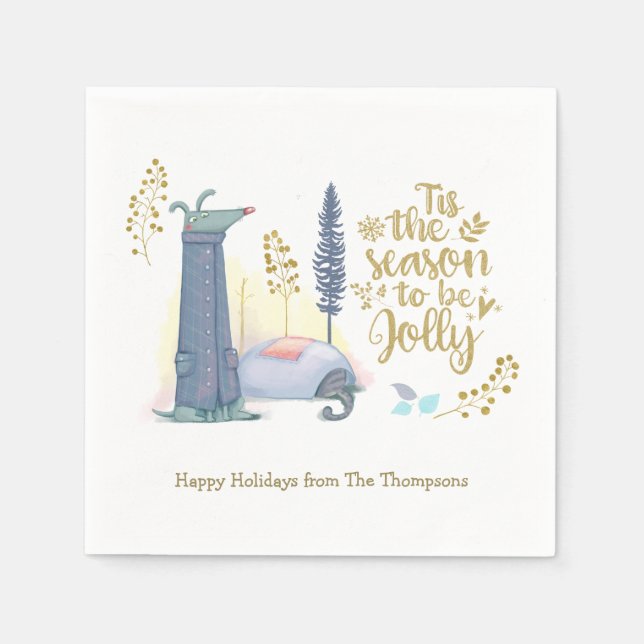 Tis The Season Cute Dog Cat Gold Script Christmas Napkin (Front)