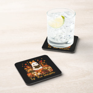 Tis The Season Cute Ghost Reading Book Autumn Coaster