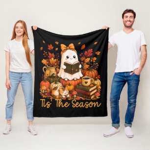 Tis The Season Cute Ghost Reading Book Autumn Fleece Blanket