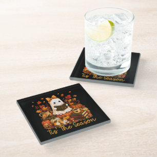 Tis The Season Cute Ghost Reading Book Autumn Glass Coaster