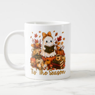 Tis The Season Cute Ghost Reading Book Autumn Large Coffee Mug