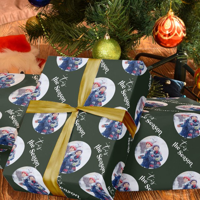 Tis the Season Elegant Lettering Round Photo Green Wrapping Paper (Creator Uploaded)
