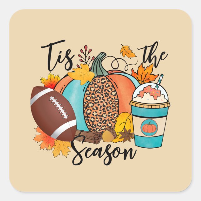 'Tis The Season – Fall, Football & Pumpkin Spice Square Sticker (Front)
