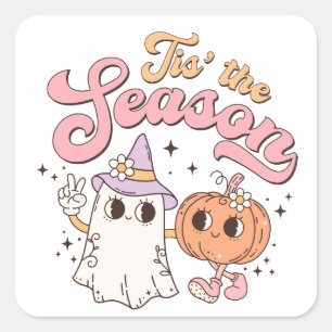 Tis The Season Funny Halloween Pumpkin and Ghost Square Sticker