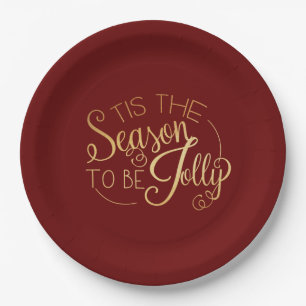 ‘‘Tis the Season” Gold Script Red Elegant Modern Paper Plate