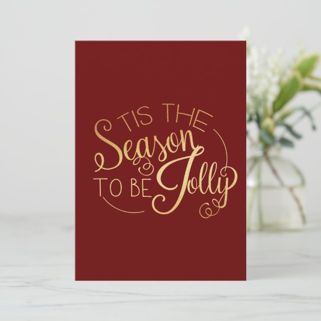 ‘‘Tis the Season” Gold Script Red Personalized Holiday Card (Standing Front)