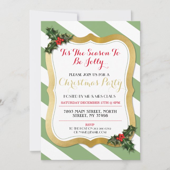 Tis The Season Green Holly Christmas Party Invite (Front)