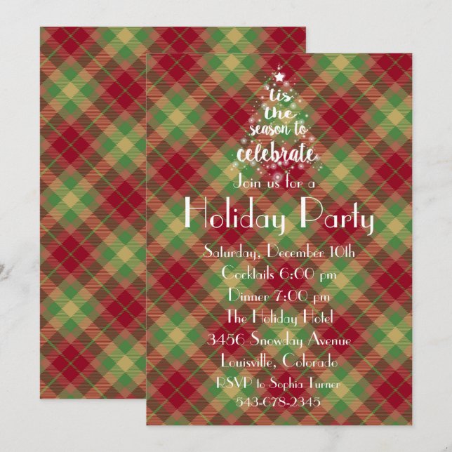 'Tis the Season Green Plaid Fête Invitation (Devant / Derrière)
