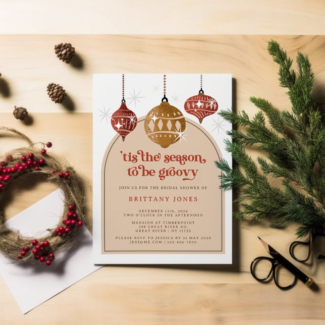 Tis the season Groovy Christmas Bridal Shower red Invitation (Creator Uploaded)